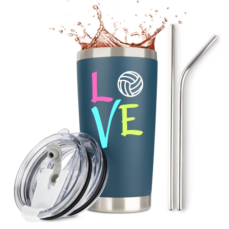 JENVIO Volleyball Gifts Stainless Steel Tumbler Mug with 2 Lids 2 Straws Gift Box and Gift Card for Women Mens Appreciation Vball Players Coaches Valentines Day Gifts