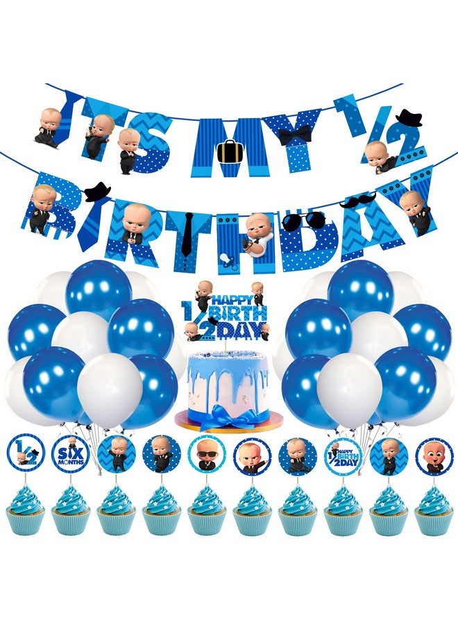 Zyozique Baby Boss Half Birthday Party Supplies, Boss Baby 1/2 Birthday Party Decorations for Boys with Its My Birthday Paper Banner Cake Topper Cupcake Toppers Balloons(Pack of 37) - Image 1