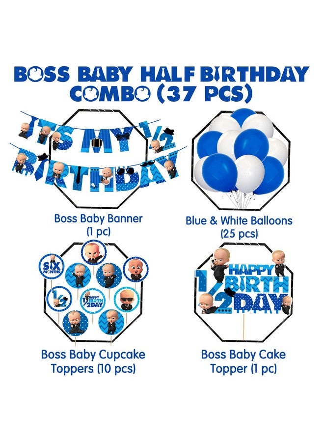 Zyozique Baby Boss Half Birthday Party Supplies, Boss Baby 1/2 Birthday Party Decorations for Boys with Its My Birthday Paper Banner Cake Topper Cupcake Toppers Balloons(Pack of 37) - Image 2