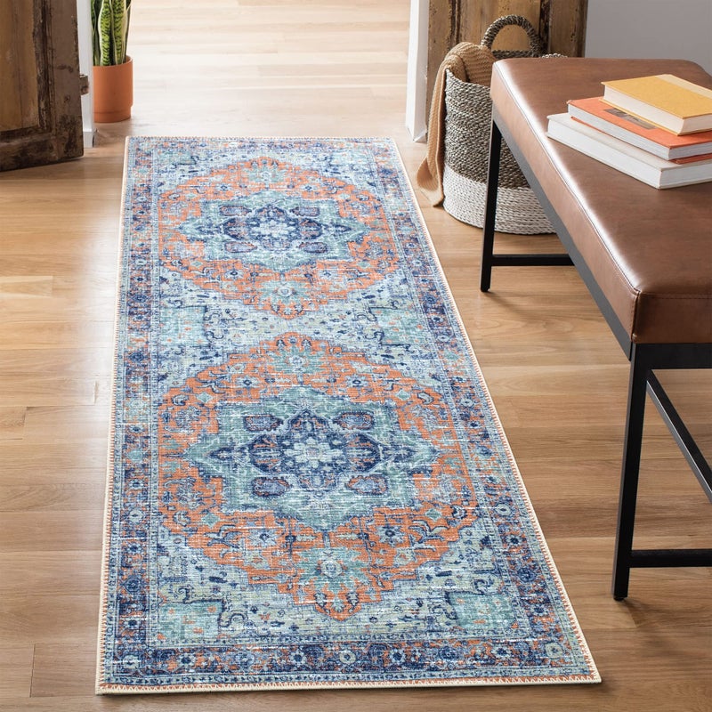 Bloom Rugs بلوم سجاد قابلة للانزلاق غير قابلة للانزلاق 10 قدم - عداء الخوخ/الأزرق التقليدي للحمام ومطبخ المدخل - الحجم الدقيق: 2.5 "× 10"  - Image 1