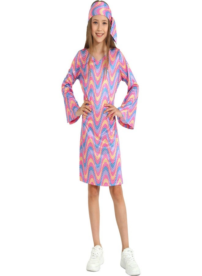 Leadtex 70s Disco Costume for Girls - Bell Sleeve Sequins Dress with Headband, Kids Halloween Disco Diva Outfit 10-12 Years - Image 1