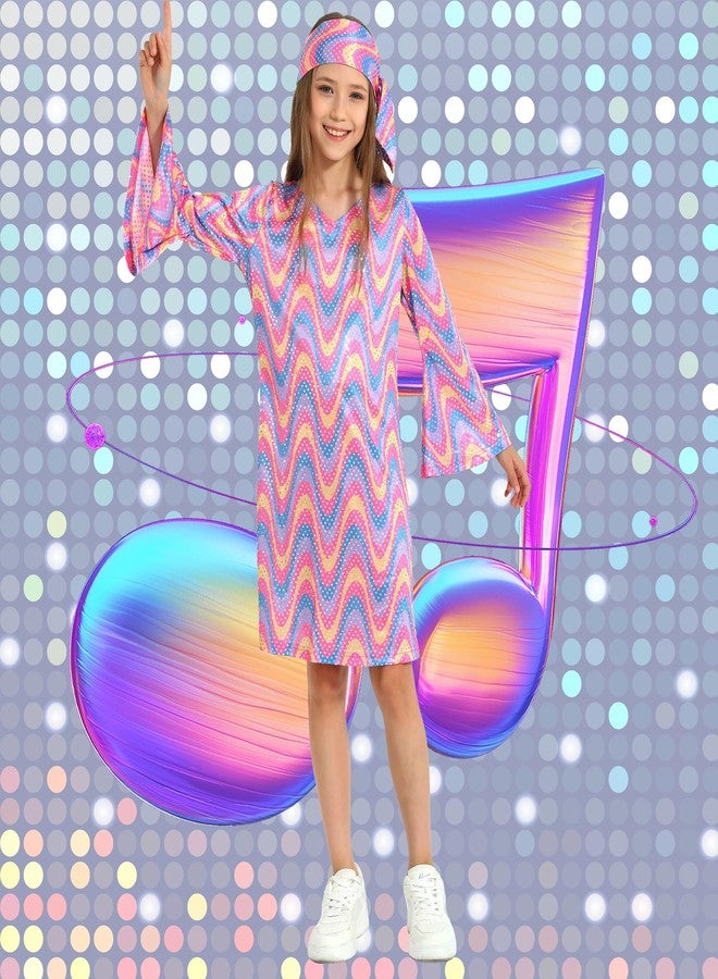Leadtex 70s Disco Costume for Girls - Bell Sleeve Sequins Dress with Headband, Kids Halloween Disco Diva Outfit 10-12 Years - Image 3
