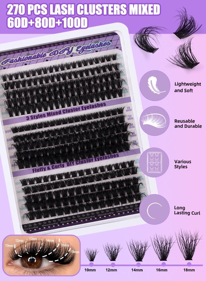 FLYROAD False Eyelashes Extensions Volume 60D 80D 100D 10-18MM Eyelash Clusters D Curl Cluster Lashes 270pcs 10mm 12mm 14mm 16mm 18mm Thin Band Natural Eye False Eyelashes - Image 2