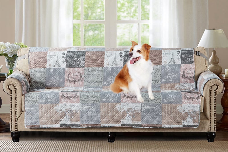 Brilliant Sunshine Brilliant Sunshine Paris and Toile Floral Couch Slip Cover Patchwork Design Quilted Slipcover with 2 Strap 78 Seat Slip Resistant Cushion Protector Washable Sofa Covers for Dogs Latte Grey