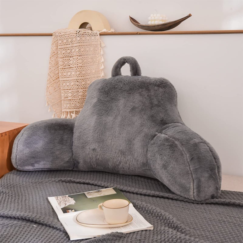 A Nice Night A Nice Night Faux Fur Reading Pillow Bed Wedge Large Adult Children Backrest with Arms Back Support for Sitting Up in Bed  Couch for BedrestGray Standard 