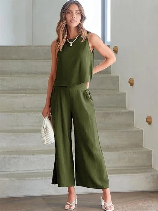 Barbora Linen Summer High Waist Capri Pants Back Detail Sleeveless Two Piece Set LN26HAKI3