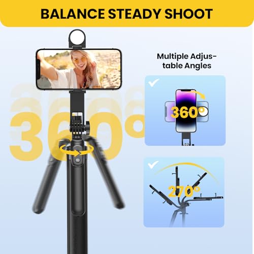 KINGONE Long Selfie Stick with Tripod Stand Aluminum 71inch/180cm, 360° Degree Rotation Selfie Stick Tripod for Phone, Rechargeable Remote & LED Fill Light, 1/4" Screw for Camera Gopro for Vlogging - Image 2