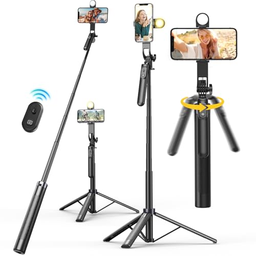 KINGONE Long Selfie Stick with Tripod Stand Aluminum 71inch/180cm, 360° Degree Rotation Selfie Stick Tripod for Phone, Rechargeable Remote & LED Fill Light, 1/4" Screw for Camera Gopro for Vlogging - Image 1