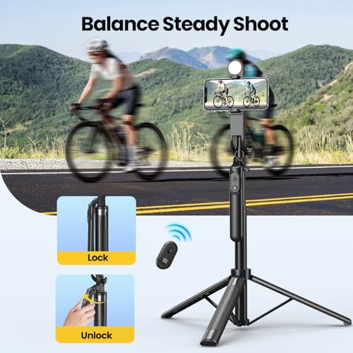 KINGONE Long Selfie Stick with Tripod Stand Aluminum 71inch/180cm, 360° Degree Rotation Selfie Stick Tripod for Phone, Rechargeable Remote & LED Fill Light, 1/4" Screw for Camera Gopro for Vlogging - Image 3