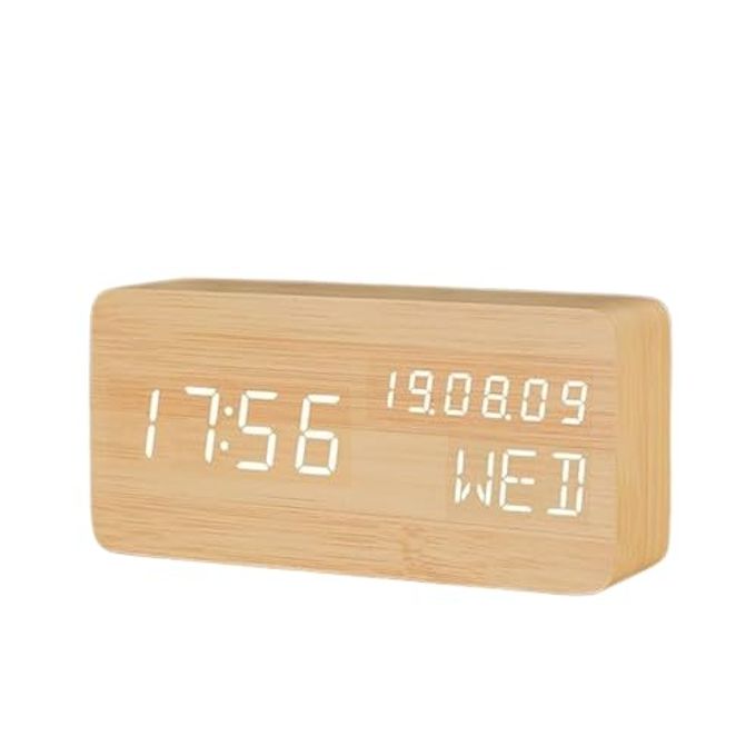 WOODEN DIGITAL MINI CUBE ALARM CLOCK WITH INTELLIGENT INDUCTION WOOD LED LIGHT DISPLAYS TIME DATE TEMPERATURE