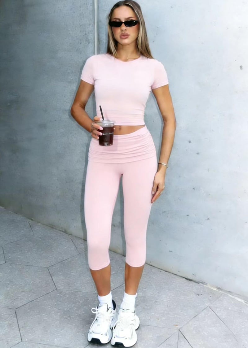 ZFLM casual sports women's two-piece set with short sleeves exposed navel high waistfoldable cropped pants sports suit - Image 5