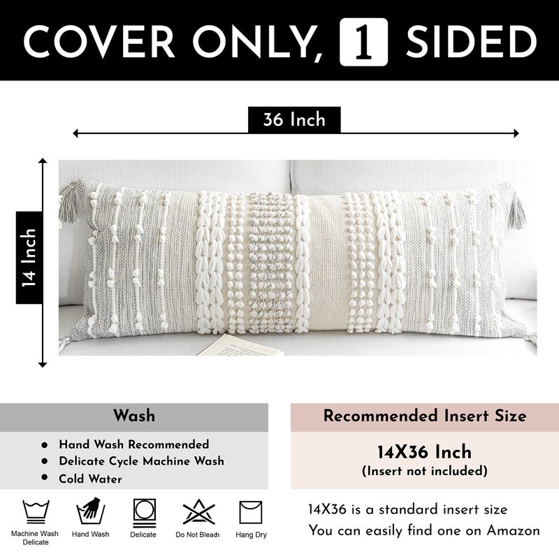BlissBlush Gray Decorative Lumbar Pillow Cover 14x36, Boho Long Throw Pillow for Bed, Accent Lumbar Throw Pillow Case, Modern Farmhouse Textured Lumbar Cushion (Cover ONLY) - Image 3