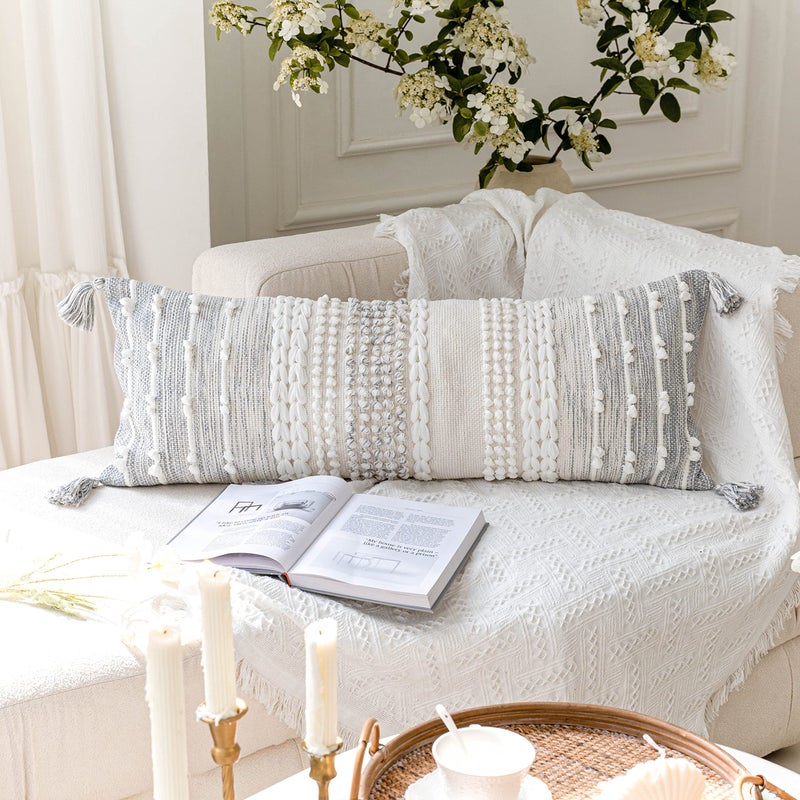 BlissBlush Gray Decorative Lumbar Pillow Cover 14x36, Boho Long Throw Pillow for Bed, Accent Lumbar Throw Pillow Case, Modern Farmhouse Textured Lumbar Cushion (Cover ONLY) - Image 5