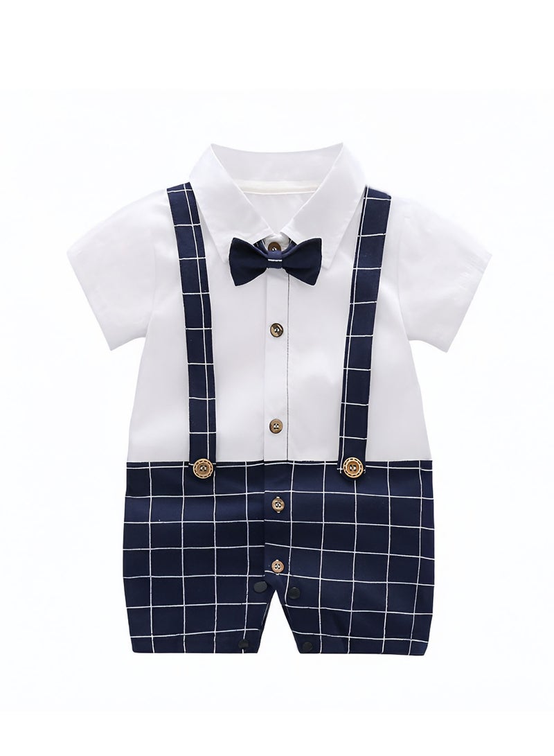 Baby Boys Formal Jumpsuit Shirt & Pant Look 1 Piece Outfit with Bow Tie Half Sleeve Romper for Newborn and Infant 0-6 Months - Image 1