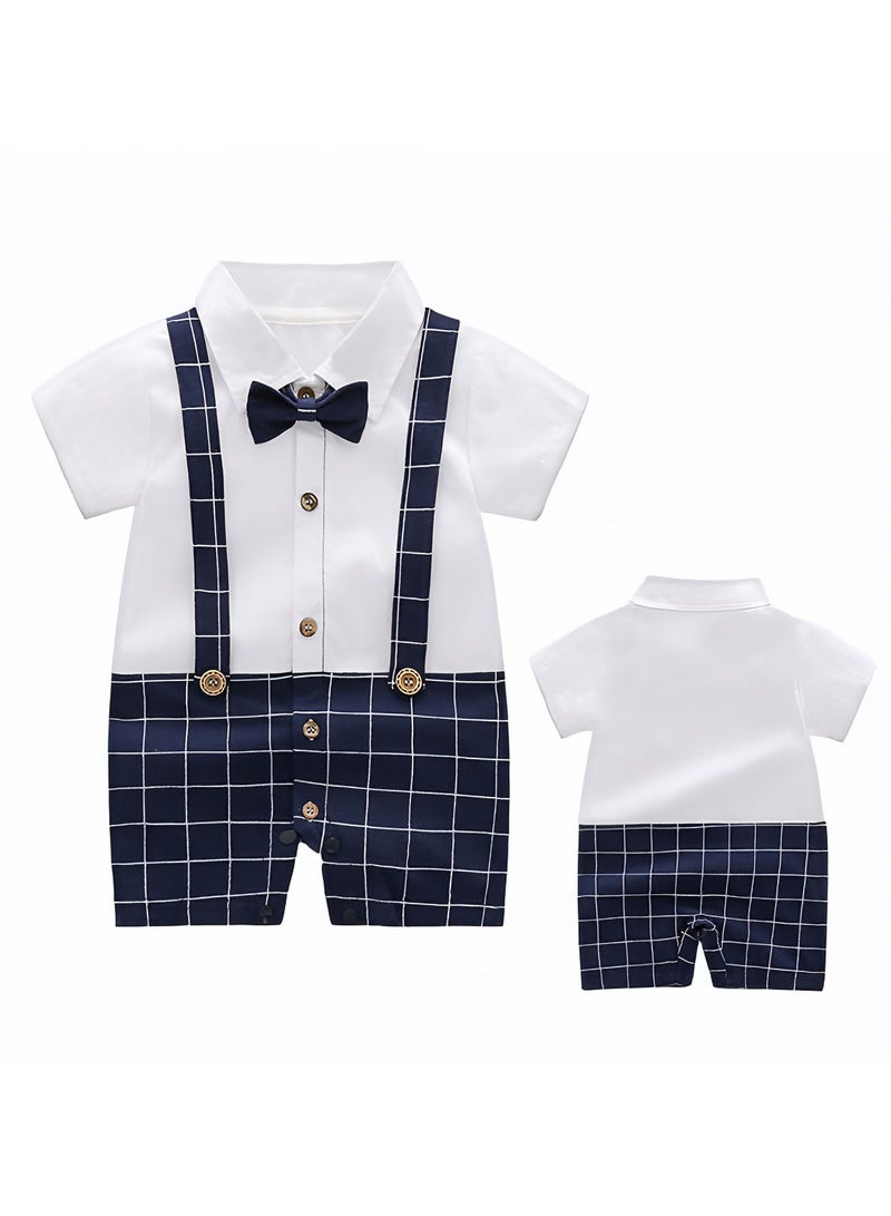 Baby Boys Formal Jumpsuit Shirt & Pant Look 1 Piece Outfit with Bow Tie Half Sleeve Romper for Newborn and Infant 0-6 Months - Image 2