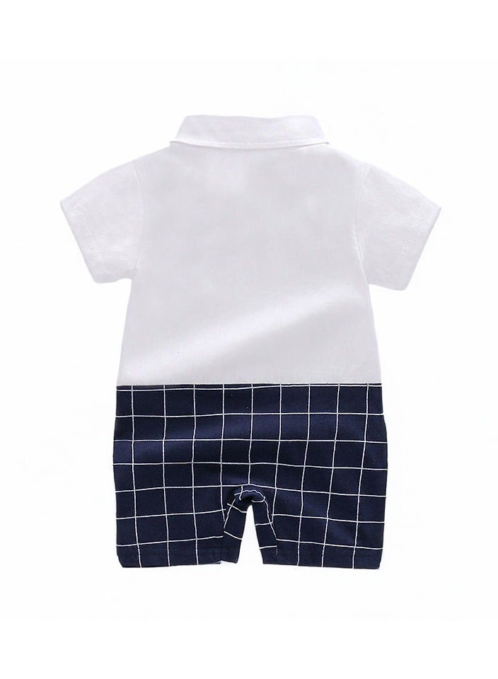Baby Boys Formal Jumpsuit Shirt & Pant Look 1 Piece Outfit with Bow Tie Half Sleeve Romper for Newborn and Infant 0-6 Months - Image 3