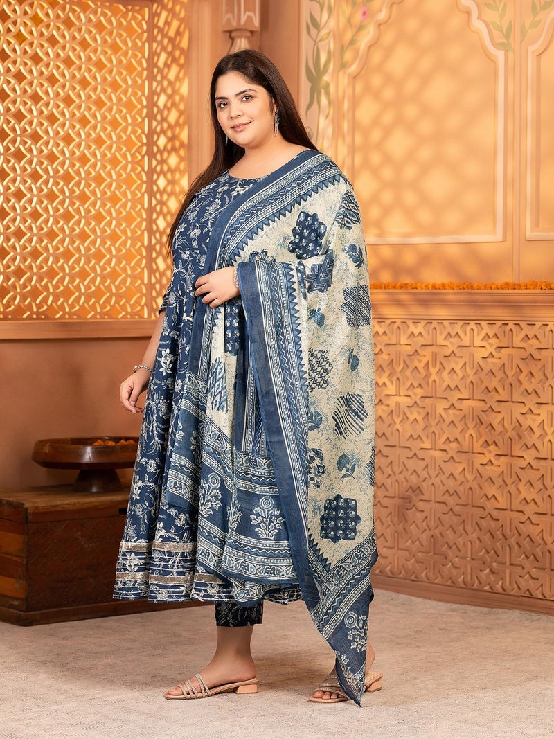 MEERA FAB Plus Size Women's Cotton Printed Anarkali Kurta With Palazzo & Dupatta Set With Dori, Blue - Image 4
