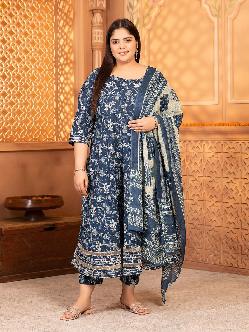 MEERA FAB Plus Size Women's Cotton Printed Anarkali Kurta With Palazzo & Dupatta Set With Dori, Blue - Image 2
