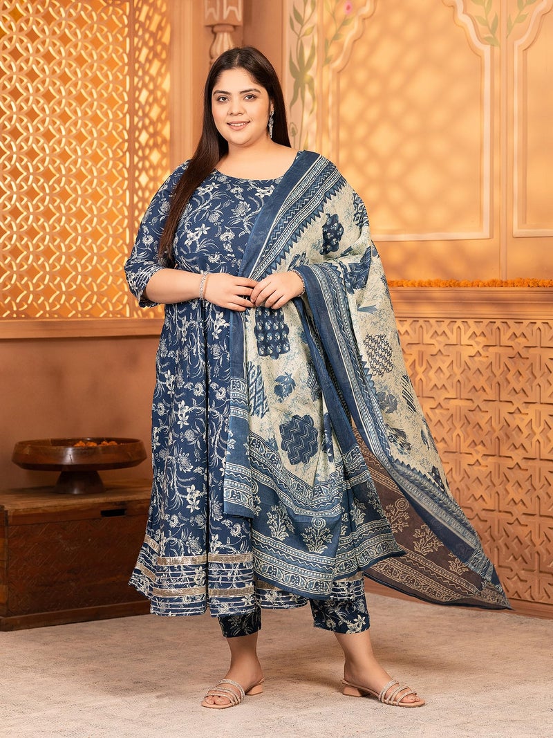 MEERA FAB Plus Size Women's Cotton Printed Anarkali Kurta With Palazzo & Dupatta Set With Dori, Blue - Image 3