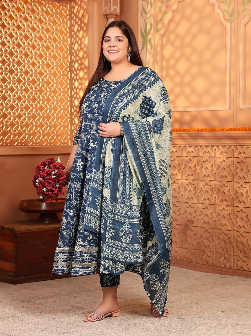 MEERA FAB Plus Size Women's Cotton Printed Anarkali Kurta With Palazzo & Dupatta Set With Dori, Blue - Image 5