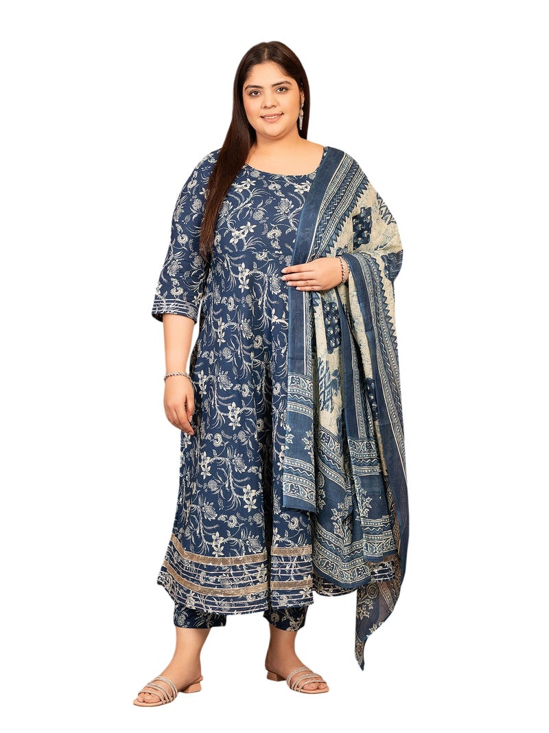 MEERA FAB Plus Size Women's Cotton Printed Anarkali Kurta With Palazzo & Dupatta Set With Dori, Blue - Image 1