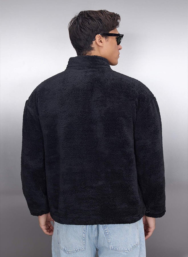 trendyol Black Regular Cut Warm Plush Sweatshirt with Zipper and Stopper - Image 4