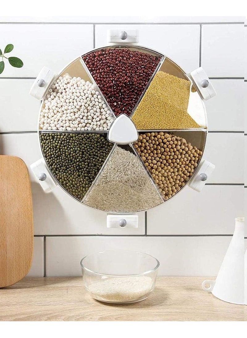 360 Degree Rotatable Wall Mounted Dry Food Dispenser Waterproof and Moisture-Proof 6 Grid Cereal Dispensers Food Storage Container Kitchen Storage Tank for Cereal, and Coffee Bean