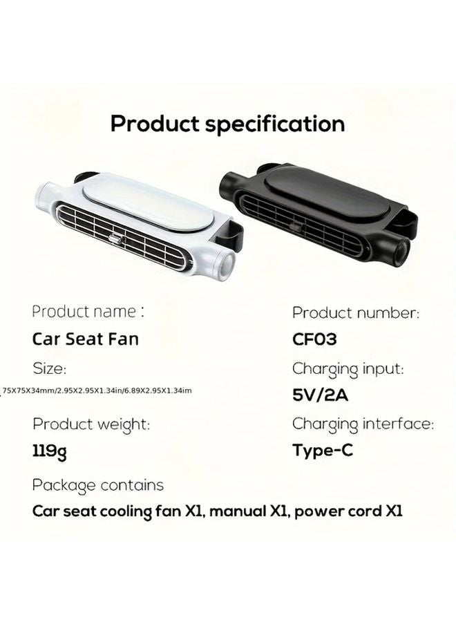 White USB Car Seat Fan Adjustable Airflow 3 Speeds No Leaf Design Easy Installation - Image 2