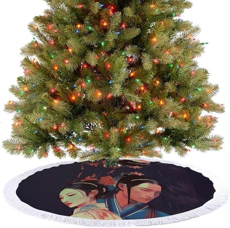 Opera Style Pictures Christmas Tree Skirt Classic Round Xmas Tree Skirt Protects Floors Christmas Tree Mat with Tassels for Winter Holiday Party Indoor Decor - Image 4