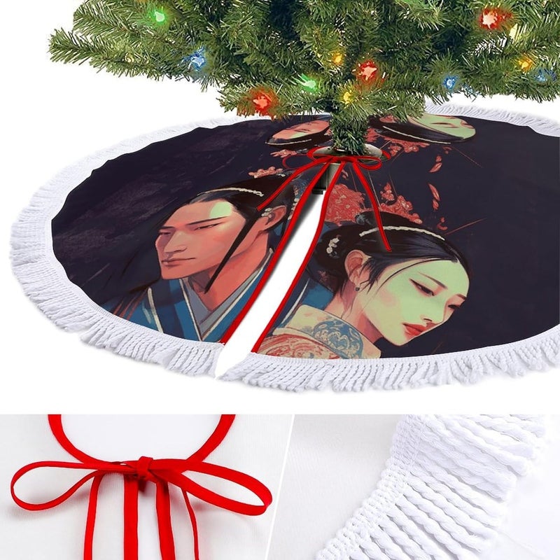 Opera Style Pictures Christmas Tree Skirt Classic Round Xmas Tree Skirt Protects Floors Christmas Tree Mat with Tassels for Winter Holiday Party Indoor Decor - Image 3