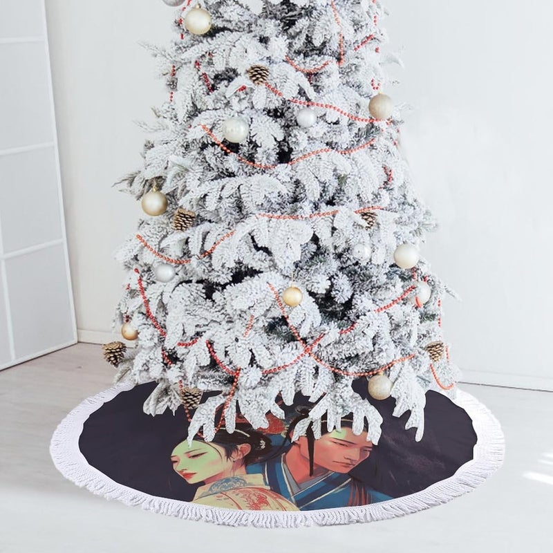 Opera Style Pictures Christmas Tree Skirt Classic Round Xmas Tree Skirt Protects Floors Christmas Tree Mat with Tassels for Winter Holiday Party Indoor Decor - Image 5
