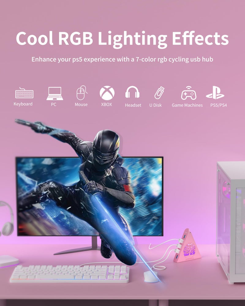 JoyReken 7-Port USB 3.0 Hub, RGB USB Hub with RGB Tree Light and 2ft Cable, USB Hub 3.0 Pink USB Expander for Laptop, PC, Flash Drive, HDD, Console, Printer, Keyboard, Mouse (Pink) - Image 3