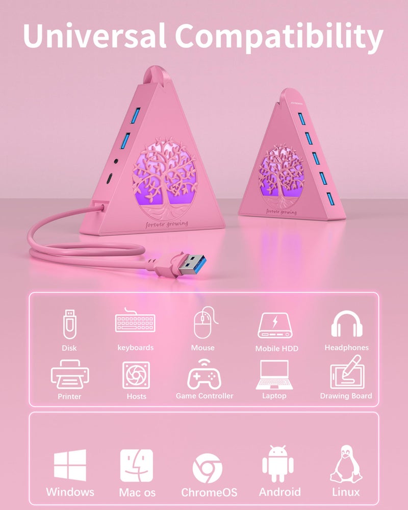 JoyReken 7-Port USB 3.0 Hub, RGB USB Hub with RGB Tree Light and 2ft Cable, USB Hub 3.0 Pink USB Expander for Laptop, PC, Flash Drive, HDD, Console, Printer, Keyboard, Mouse (Pink) - Image 5
