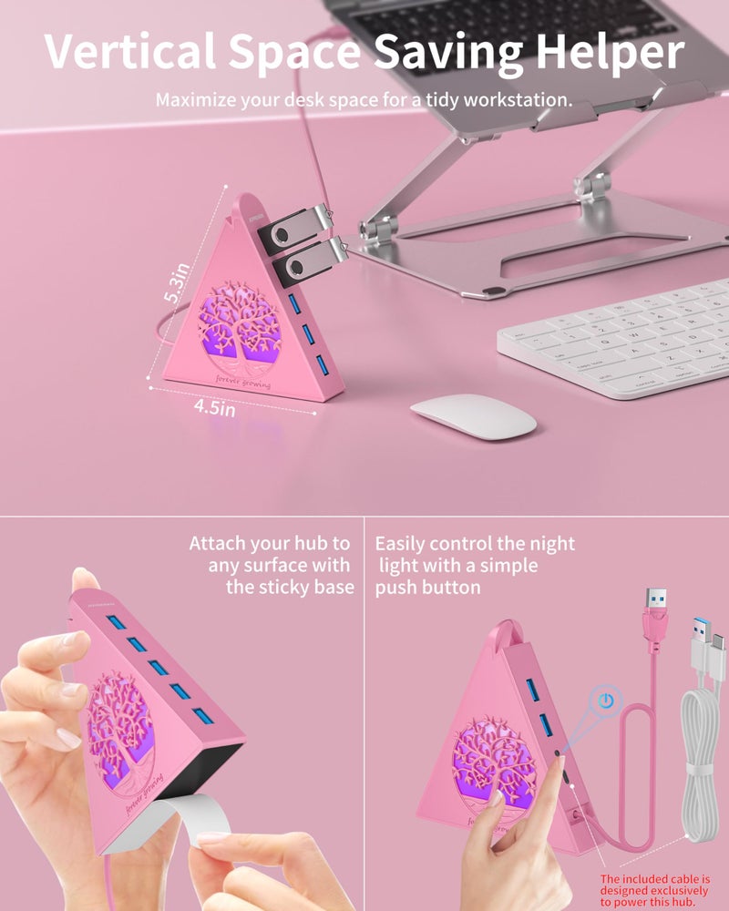JoyReken 7-Port USB 3.0 Hub, RGB USB Hub with RGB Tree Light and 2ft Cable, USB Hub 3.0 Pink USB Expander for Laptop, PC, Flash Drive, HDD, Console, Printer, Keyboard, Mouse (Pink) - Image 4