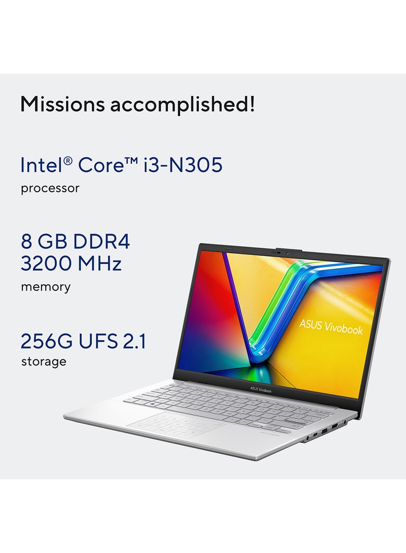 ASUS Vivobook GO 14 E1404GA-NK039W Laptop With 14-Inch Display, Core i3-N305 Processor/8GB RAM/256GB SSD/Intel UMA Graphics/Windows 11 Home English/Arabic Cool Silver - Image 4