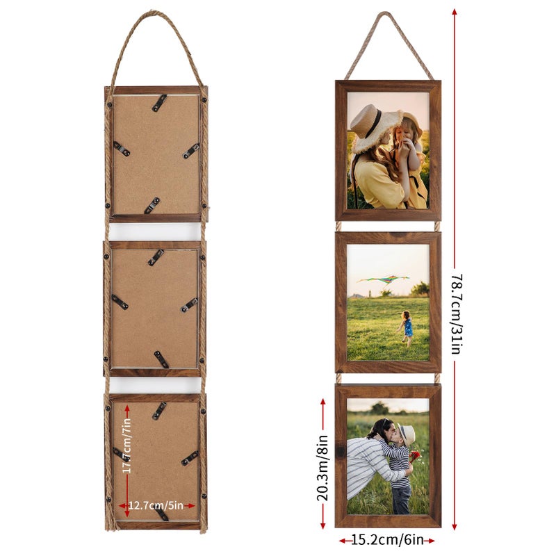 Lavezee 5x7 Collage Triple Picture Frames Set  Walnut Brown 6 Opening Hanging Vertical Frame Made to Display 5 by 7 Inch Photo Print for Wall Decor - Image 3