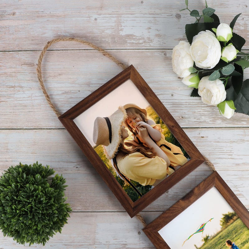 Lavezee 5x7 Collage Triple Picture Frames Set  Walnut Brown 6 Opening Hanging Vertical Frame Made to Display 5 by 7 Inch Photo Print for Wall Decor - Image 2