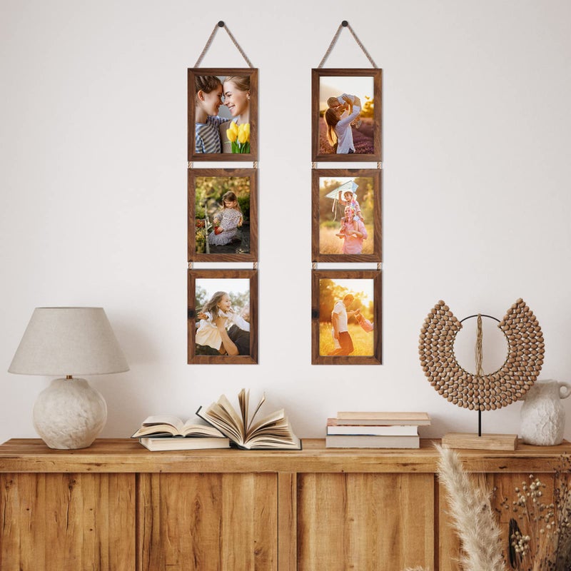 Lavezee 5x7 Collage Triple Picture Frames Set  Walnut Brown 6 Opening Hanging Vertical Frame Made to Display 5 by 7 Inch Photo Print for Wall Decor - Image 5