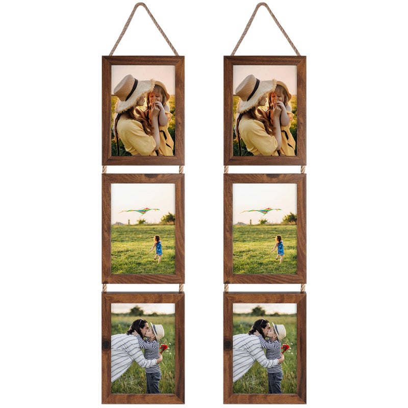 Lavezee 5x7 Collage Triple Picture Frames Set  Walnut Brown 6 Opening Hanging Vertical Frame Made to Display 5 by 7 Inch Photo Print for Wall Decor - Image 1