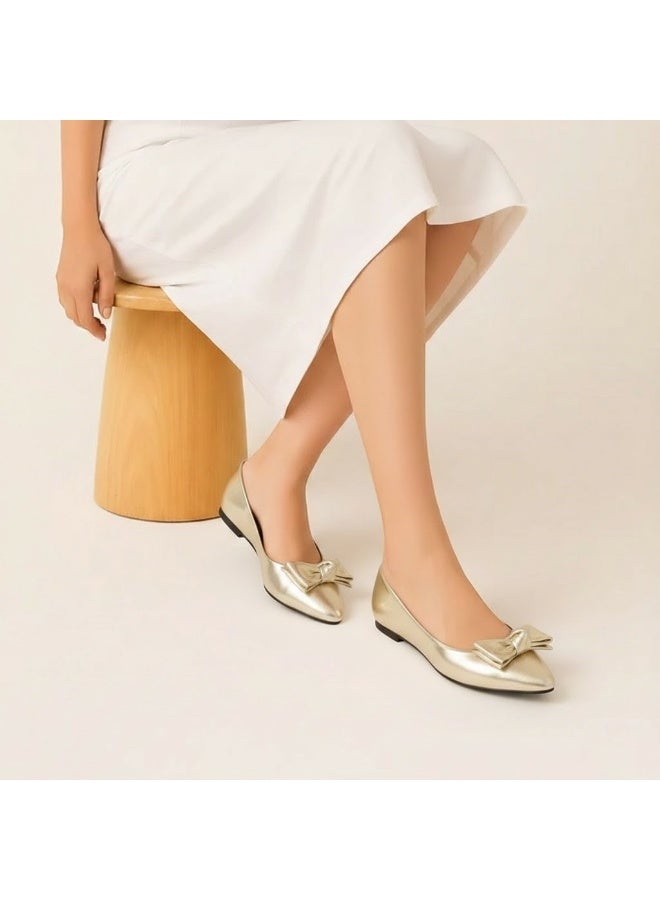 لايف ستيلاش  باليرينا جلد لامع مسطح مع فيونكة BN-513 - ذهبي - Image 1