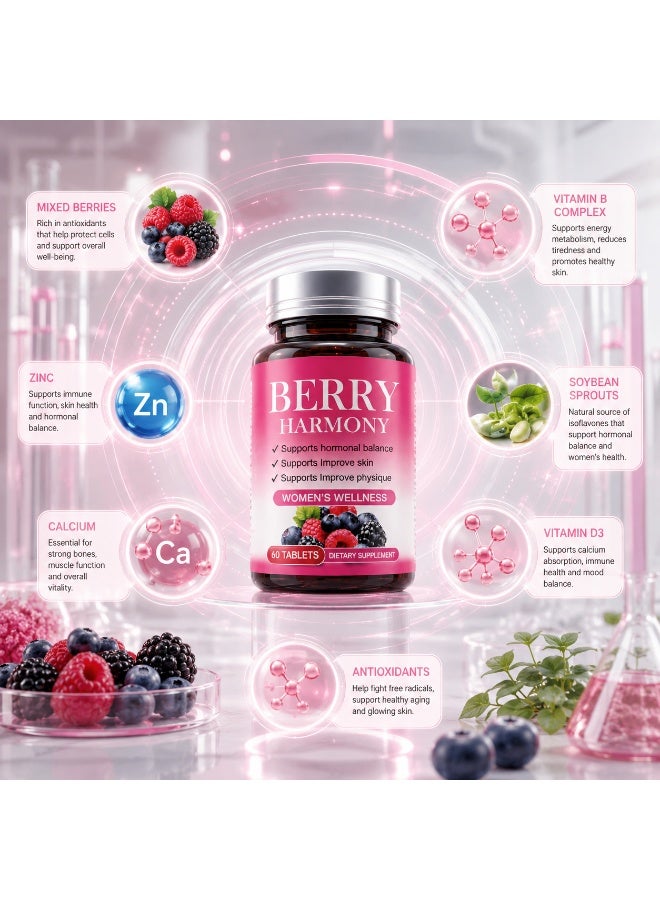 Berry Harmony Women’s Wellness Supplement with Mixed Berries Vitamin B Complex Zinc Calcium Vitamin D3 Hormonal Balance Support Tablets 60 Count - Image 1