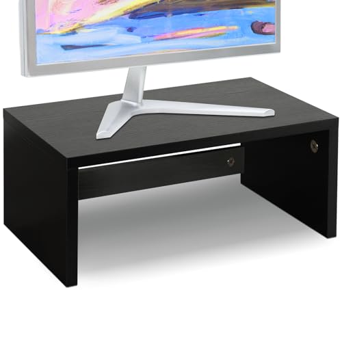 TEAMIX 14.2 inch Monitor Stand Riser, Wood Monitor Riser with Storage for Desk Small Monitor Stand TV/Screen/PC/Laptop Riser Computer Stand Desktop Shelf (Black-Higher) - Image 1