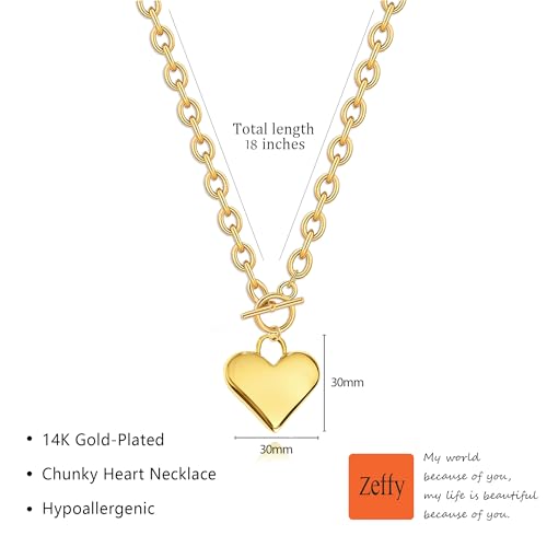 Zeffy Chunky Heart Necklace for Women Statement Heart Pendant Necklace 14K Gold Chunky Thick Chain Link Vintage Toggle Clasp Jewelry Gifts - Image 3