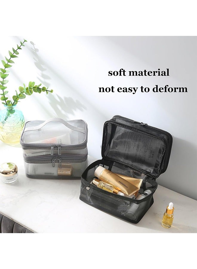 Travel Makeup Bag Double Layer Cosmetic Bag Mesh Makeup Bags Large Toiletry Bag for Women Makeup Bag Organizer with Handle - Image 2