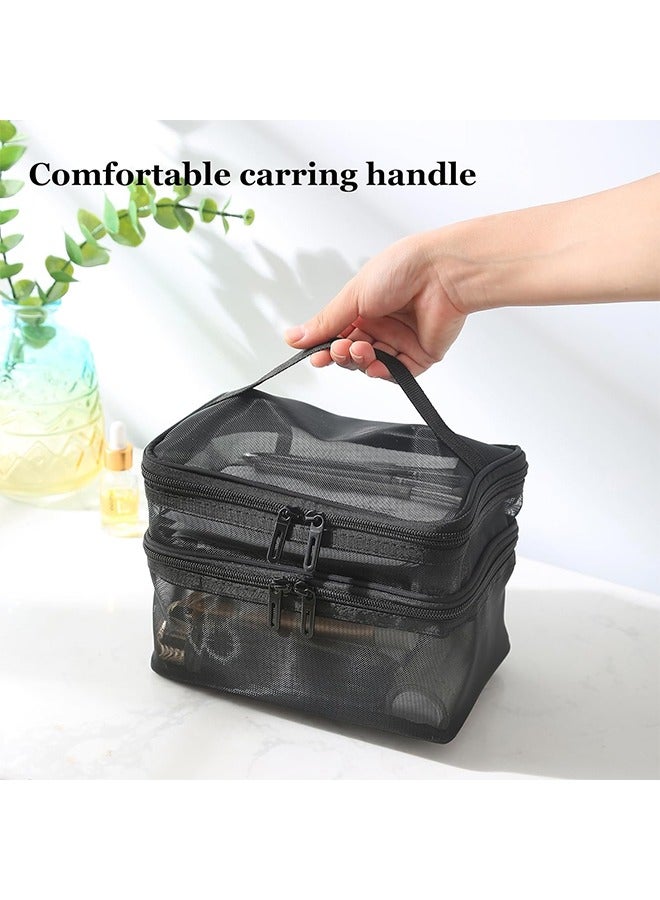 Travel Makeup Bag Double Layer Cosmetic Bag Mesh Makeup Bags Large Toiletry Bag for Women Makeup Bag Organizer with Handle - Image 5