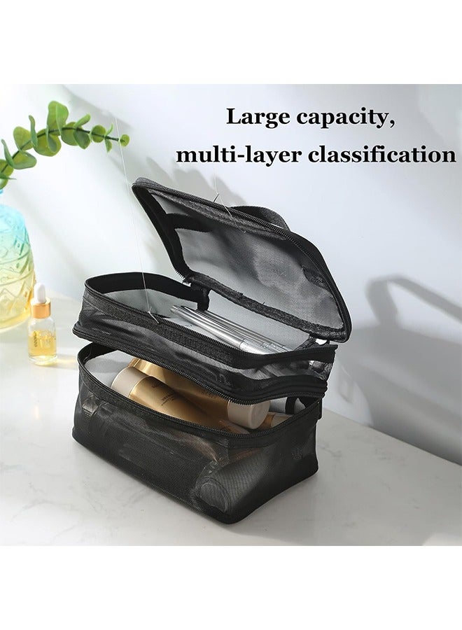 Travel Makeup Bag Double Layer Cosmetic Bag Mesh Makeup Bags Large Toiletry Bag for Women Makeup Bag Organizer with Handle - Image 4
