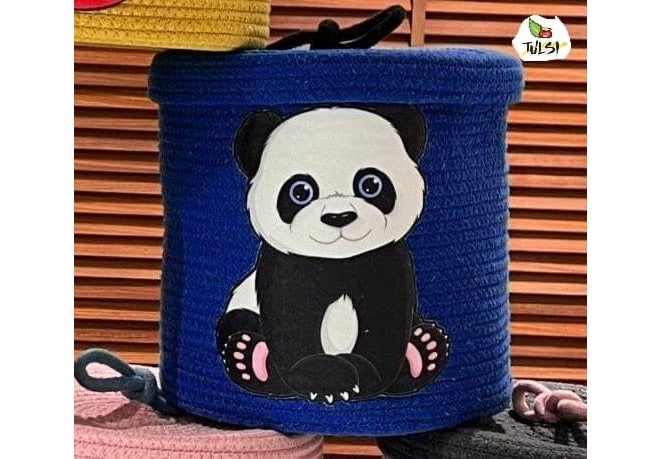 Rosslyn Kids Lid Basket with Beautiful Characters - Rope Storage Basket for Baby Diaper, Stuffed Animal Storage Bin Rope Basket for Kids Toy, Baby Laundry Baskets with lid - Blue Panda - Image 1