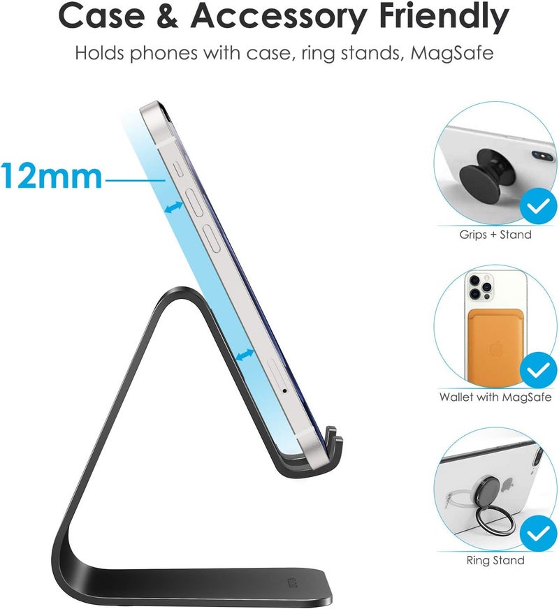 Omoton Upgraded Aluminum Cell Phone Stand, C1 Durable Cellphone Dock with Protective Pads, Smart Stand Designed for iPhone 17 Air, 16/15/14/13 Pro Max XR XS, iPad mini, Android Phones, Black - Image 4