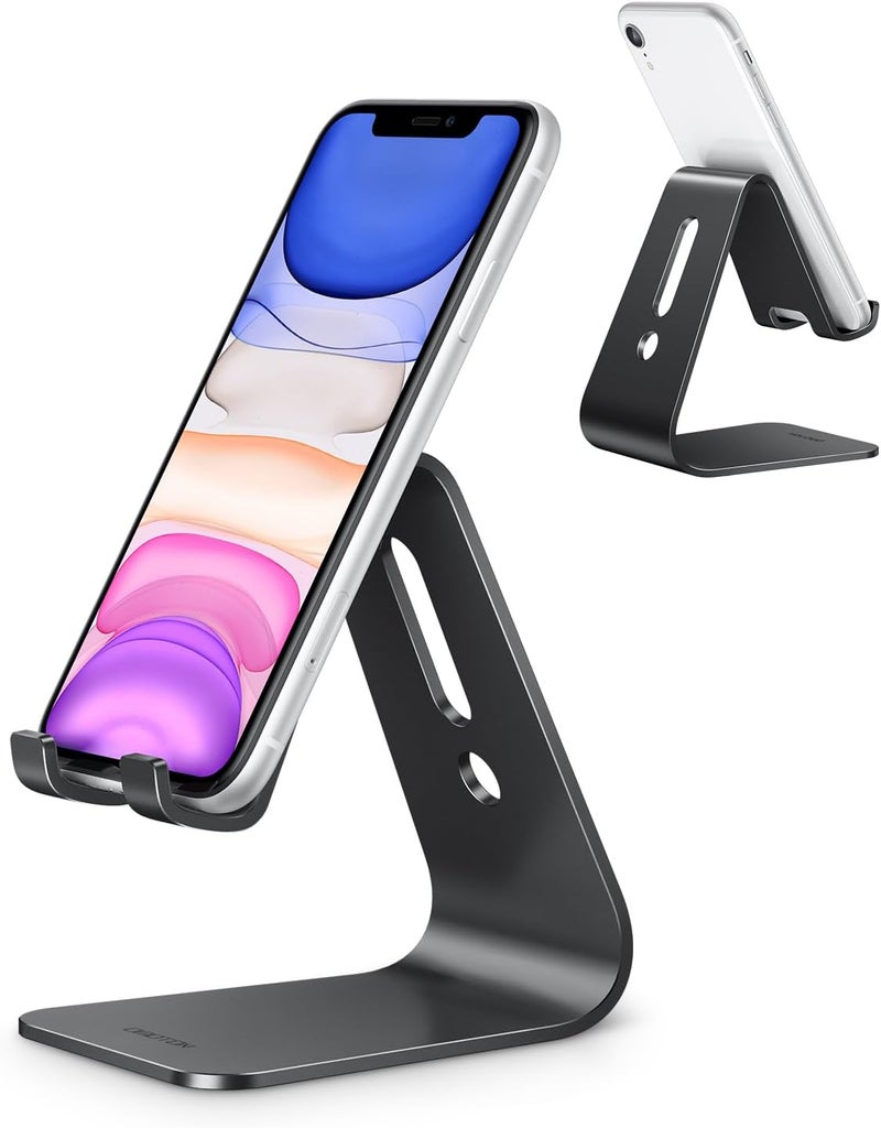 Omoton Upgraded Aluminum Cell Phone Stand, C1 Durable Cellphone Dock with Protective Pads, Smart Stand Designed for iPhone 17 Air, 16/15/14/13 Pro Max XR XS, iPad mini, Android Phones, Black - Image 1