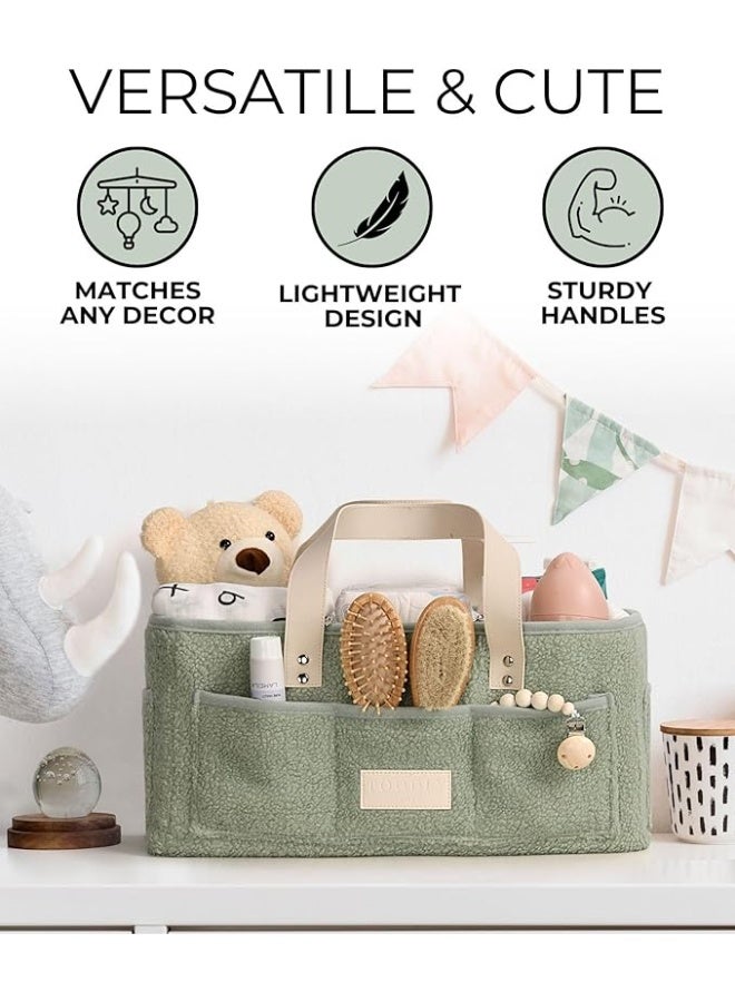 Toodly Baby Diaper Caddy Organizer with Portable Changing Mat - Teddy Fleece Diaper Organizer for Changing Table - Basket for Changing Essentials - Baby Essentials Organizer with Removable Dividers Green Diaper Caddy with Changing Pad  - Image 2